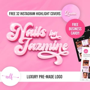 Logotipo prediseñado con texto de burbujas, marcas de pestañas, uñas y cabello, portadas destacadas de Instagram (digitales)
