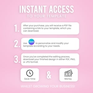 Peut inclure: Fond rose avec trois &eacute;tapes pour acc&eacute;der &agrave; un mod&egrave;le. &Eacute;tape 1 : Recevoir un fichier PDF avec un lien vers le mod&egrave;le. &Eacute;tape 2 : Utiliser Canva pour personnaliser le mod&egrave;le. &Eacute;tape 3 : T&eacute;l&eacute;charger la conception finale en PDF, PNG ou JPG. Gagnez du temps et de l'argent tout en d&eacute;veloppant votre entreprise.