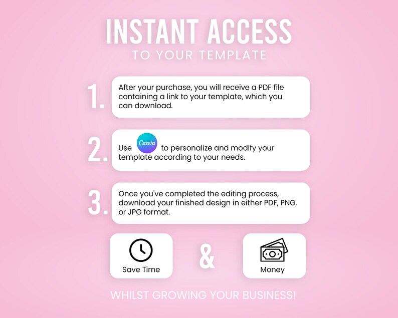 Peut inclure: Fond rose avec trois &eacute;tapes pour acc&eacute;der &agrave; un mod&egrave;le. &Eacute;tape 1 : Recevoir un fichier PDF avec un lien vers le mod&egrave;le. &Eacute;tape 2 : Utiliser Canva pour personnaliser le mod&egrave;le. &Eacute;tape 3 : T&eacute;l&eacute;charger la conception finale en PDF, PNG ou JPG. Gagnez du temps et de l'argent tout en d&eacute;veloppant votre entreprise.