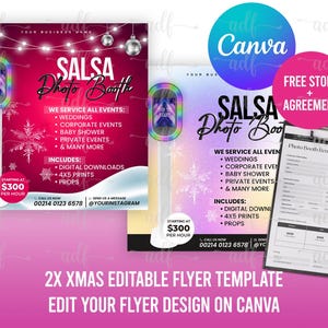 May include: A pink and white flyer template for a photo booth business called "Salsa Photo Booth". The flyer features a festive Christmas theme with snowflakes and lights. It advertises services for weddings, corporate events, baby showers, and private events. The flyer also includes a price of $300 per hour and contact information.