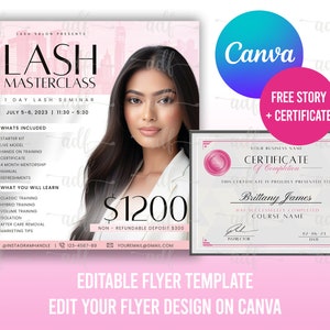 Puede incluir: Un folleto rosa y blanco que anuncia un seminario de masterclass de pestañas. El folleto incluye la fecha, la hora, el precio y una lista de lo que se incluye en la clase. El folleto también incluye una foto de una mujer con pestañas largas.