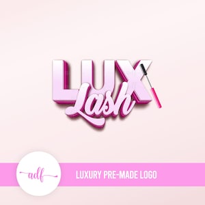 May include: Pink 3D logo with the text "LUX Lash" and a pink mascara wand. The text "LUXURY PRE-MADE LOGO" is below the logo.