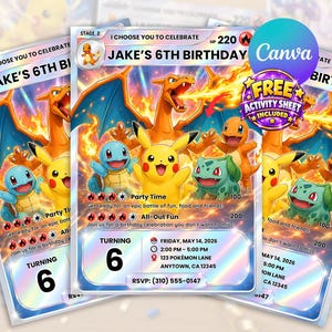 Pokemon Birthday Invitation, Editable Canva Template, Pokemon Card Invite, Pikachu Charizard Party, Digital Download