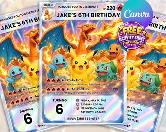 Pokemon Birthday Invitation, Editable Canva Template, Pokemon Card Invite, Pikachu Charizard Party, Digital Download