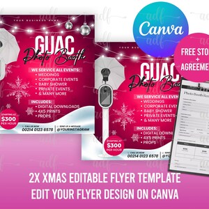 May include: A pink and white flyer template for a photo booth rental business. The flyer features a photo booth with a red background and white snowflakes. The text on the flyer reads "GUAC Photo Booth" and includes information about the services offered, pricing, and contact information. The flyer also includes the text "2X Xmas Editable Flyer Template" and "Edit Your Flyer Design on Canva".