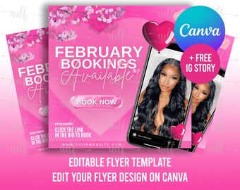FEBRUARY BOOKING Flyer, booking flyer, social media flyer, pink valentines flyer, diy flyer template, hair sale, lash sale flyer, booking