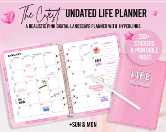 Digitale levensplanner, ongedateerd, sjabloon roze landschap (digitale download)