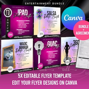 May include: A bundle of five editable flyer templates for photo booth rentals, with a Canva logo. The flyers feature designs for iPad, Salsa, Magic Mirror, Guac, and 360 booths, with event details and contact information.