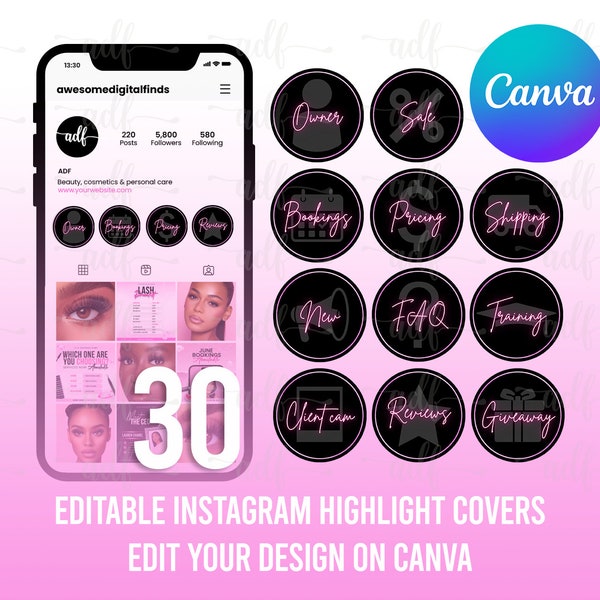 Luxuriöse Instagram-Highlight-Cover, bearbeitbare Designs auf Canva, benutzerdefinierte Symbolvorlagen, Story-Highlight-Cover, soziale Medien