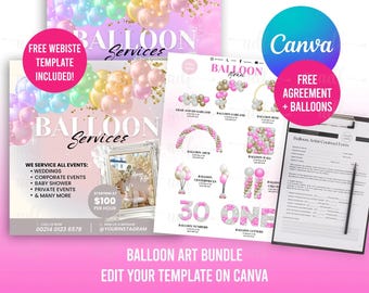 Paquete para negocios de globos: Menú, folletos, contrato y plantilla de sitio web (editable en Canva, descarga digital)