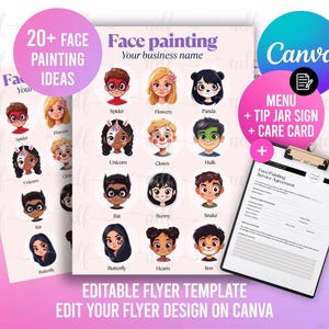 20+ Gesichtsdesigns enthalten | Digitale Gesichtsmalerei-Menü- & Trinkgeld-Glasvorlagen | Canva Bearbeitbar für Kinderveranstaltungen