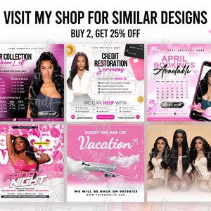 May include: A collection of pink and white social media graphics for a hair salon. The graphics feature images of women with long, black hair, and text that says "Hair Collection Price List", "Credit Restoration Services", "April Bookings Available", "Friday Night", "Sorry We Are On Vacation", and "Beauty Stock Photo".