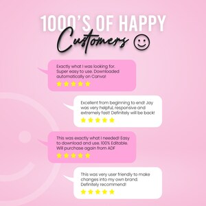 Peut inclure: Un fond rose avec un visage souriant et quatre bulles de dialogue contenant des avis clients. Les avis sont positifs et mentionnent que le produit est facile &agrave; utiliser, utile et rapide. Le texte de l'image est "1000'S OF HAPPY Customers".