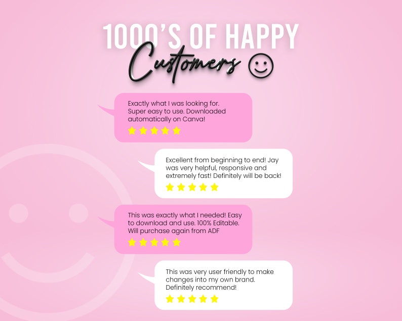 Peut inclure: Un fond rose avec un visage souriant et quatre bulles de dialogue contenant des avis clients. Les avis sont positifs et mentionnent que le produit est facile &agrave; utiliser, utile et rapide. Le texte de l'image est "1000'S OF HAPPY Customers".