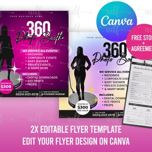 May include: Two editable flyer templates for a 360 photo booth service. The design features a silhouette of a person on a platform, a ring light, and the text "360 Photo Booth." The flyers list services for weddings, corporate events, and more. Includes digital downloads, 4x5 prints, and props.