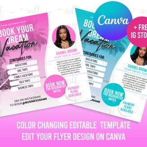 2x DIY Book Your Dream Vacation, Travel Agent Flyer, Dream Vacation, Social Media Flyer, Travel Flyer, Canva Travel Flyer, Changable Colors