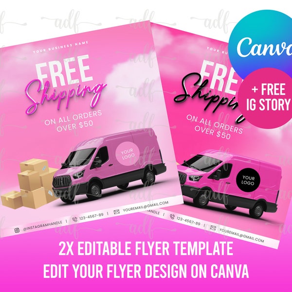 2x FREE SHIPPING FLYER, Pink shipping flyer, Order shipped flyer, shipping label flyer, Canva social media flyer, diy flyer template