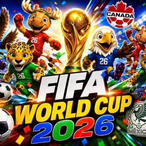 May include: A vibrant graphic for the FIFA World Cup 2026 featuring the golden trophy, soccer balls, and cartoon mascots in red, blue, and green jerseys. The text FIFA WORLD CUP 2026 is prominently displayed alongside logos for Canada, USA, and Mexico.