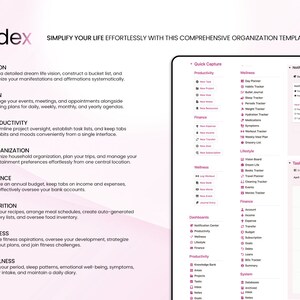 May include: A pink and white digital planner template with the title "Index" and the text "Simplify your life effortlessly with this comprehensive organization template." The template includes sections for vision, plan, productivity, organization, finance, nutrition, fitness, and wellness. Each section has a list of tasks or goals to help you organize your life.