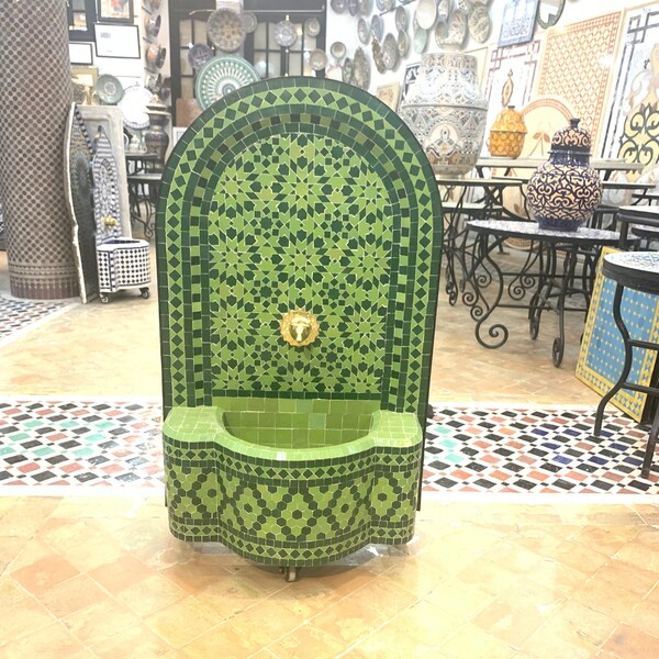 Green Moroccan zellige Fountain - outdoor fountain - Handmade Mosaic Fountain - Mosaic Fountain