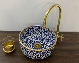 blue moroccan sink 14k Gold Ceramic Sink- Modern sinks -waschbecken marokanisch -bathroom decor - double sink bathroom vanity