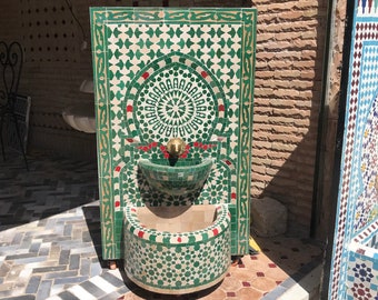 Green Moroccan zellige Fountain - Wall mosaic fountain - Handmade Mosaic Fountain - Mosaic Fountain