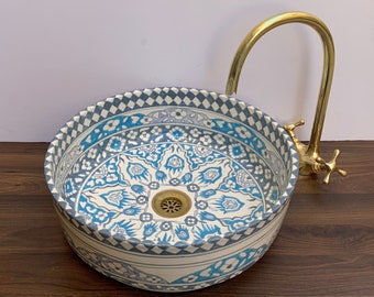 Morocco sink ,bathroom vessel sink handcrafted ceramic washbasin, Ceramic sink for bathroom with mandala hand painted, bathroom sink decor.