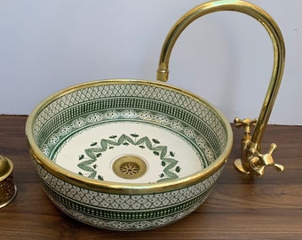 Antique Moroccan Sink with Brass Rim Edge, Ceramic sink for bathroom with mandala hand painted, bathroom sink decor.