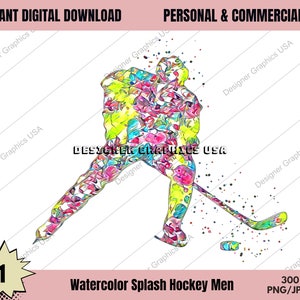 Watercolor Hockey Digital, Commercial USE, Sports, Hockey Art, Sublimation Design Download, Digital Design, PNG, Clipart, Hockey Gift