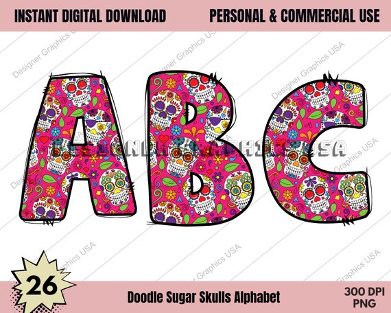 Sugar Skull Doodle Alphabet PNG Commercial Usesublimation - Etsy