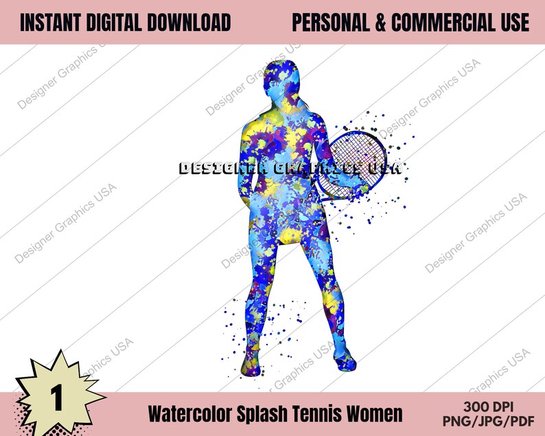 Tennis Racket With Splatter Vector Watercolor Women Tennis Digital, Commercial USE, Sports, Tennis Ball ...