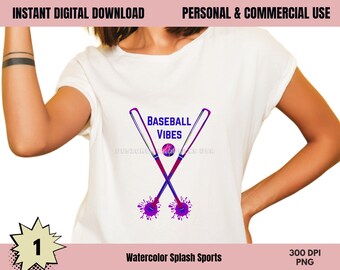Baseball PNG, Watercolor Baseball, Commercial USE, Baseball Vibes Art, Sublimation, Digital Design, Clipart,Print File, Splash Baseball Bat