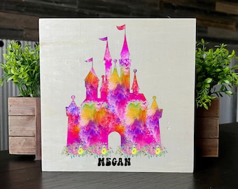 Floral Castle, Watercolor Castle Wood Panel Decor, Personalized Castle Personalized Gift, Girl Castle Room Decor,Princess Castle Wall Art