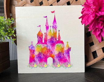 Floral Castle, Watercolor Castle Wood Panel Decor, Personalized Castle Personalized Gift, Girl Castle Room Decor,Princess Castle Wall Art