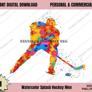 Watercolor Hockey Digital, Commercial USE, Sports, Hockey Art, Sublimation Design Download, Digital Design, PNG, Clipart, Hockey Gift