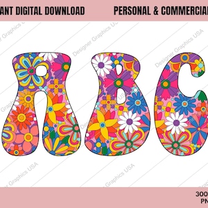 Può includere: Un set di tre lettere, A, B e C, in stile retrò psichedelico. Le lettere sono riempite con un motivo floreale colorato, con fiori rosa, gialli, arancioni, blu e bianchi.