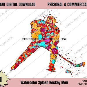 Watercolor Hockey Digital, Commercial USE, Sports, Hockey Art, Sublimation Design Download, Digital Design, PNG, Clipart, Hockey Gift