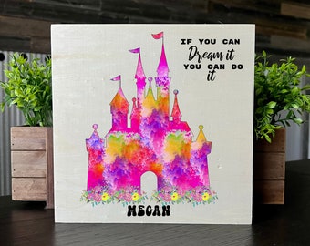 Floral Castle, Watercolor Castle Wood Panel Decor, Personalized Castle Personalized Gift, Girl Castle Room Decor,Princess Castle Wall Art