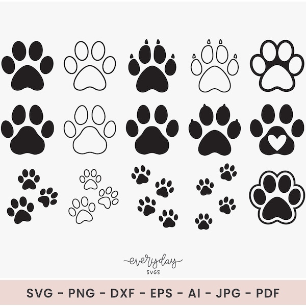 Paw Print Svg Bundle, Dog Paw Clipart, Cat Paw Svg, Animal Footprint Tracks Svg, Lion or Tiger Paw Print Svg, Bear Paw Svg, Laser Cut File