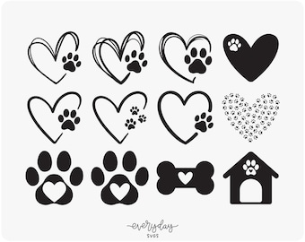 12 Pack Dog Svg Bundle Digital Download | Paw Heart Svg, Dog Paw Print Svg, Dog Love Svg, Dog Clipart, Puppy Svg, Laser Cut File, Heart Svg