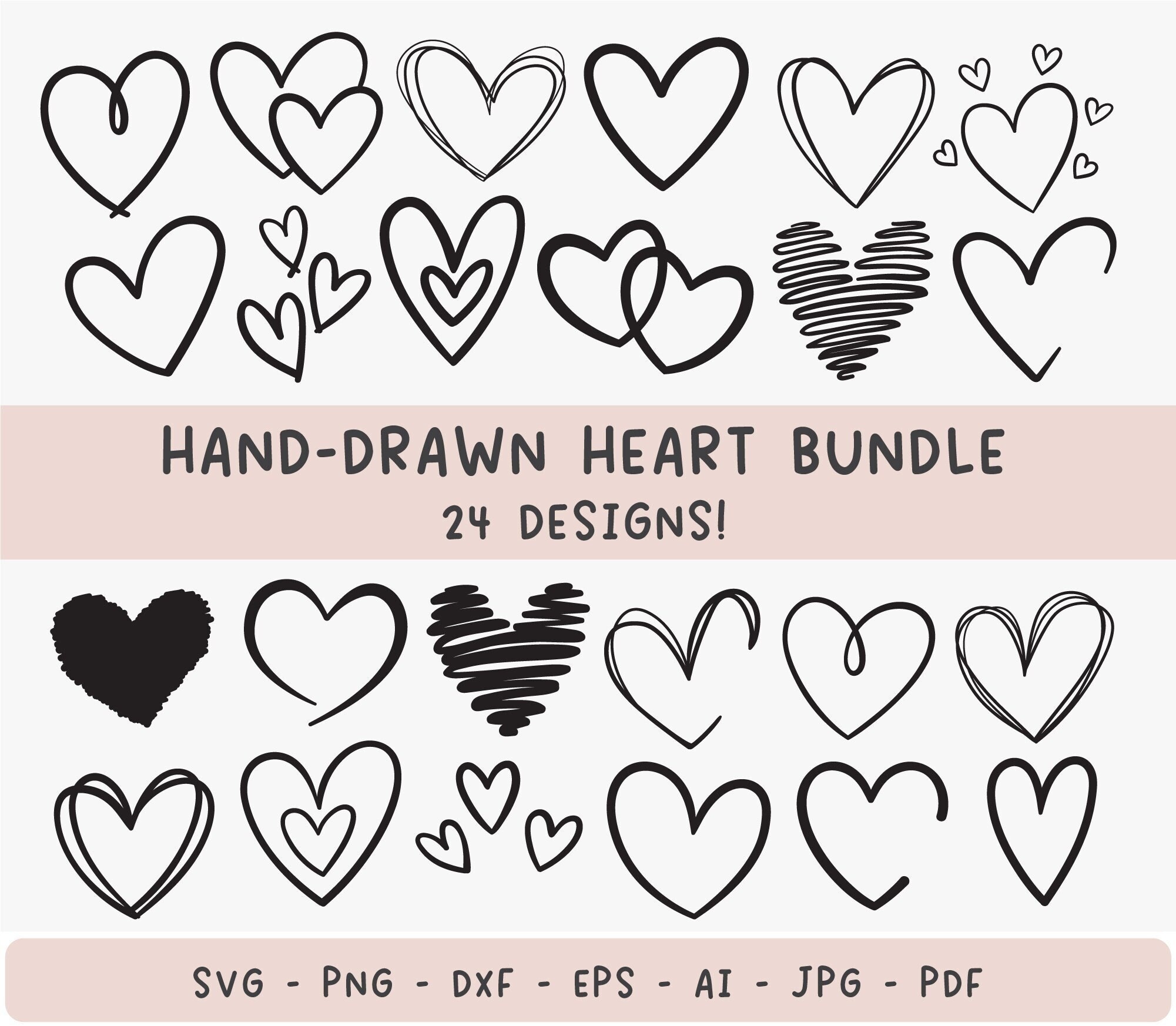 Hand Drawn Heart Svg Bundle Fancy Scribble Heart Svg, Half Heart ...