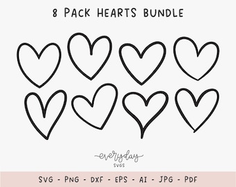 8 Pack Heart Bundle Digital Download | Heart Outline Svg, Heart Shape Png, Open Heart Svg, Heart Silhouette Cut File | Dxf Eps Ai Jpg Pdf