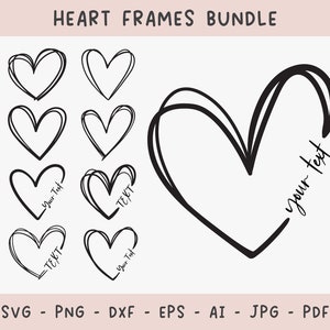 Handgetekende hartbundel digitale download | Krabbel hart overzicht Svg, half hart vorm png, open hart Svg, hart silhouet snijden bestand dxf