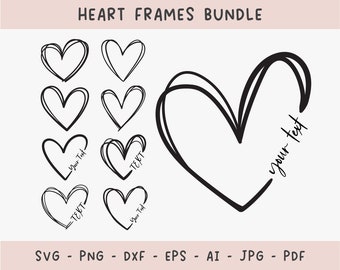 Téléchargement numérique de lot de coeurs dessinés à la main | Gribouillis de coeur contour Svg, Png en forme de demi-cœur, Svg coeur ouvert, coeur Silhouette coupé fichier Dxf
