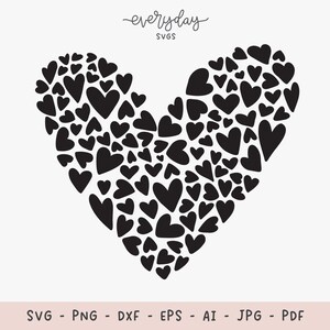 May include: Black and white graphic of a heart made up of many smaller hearts.