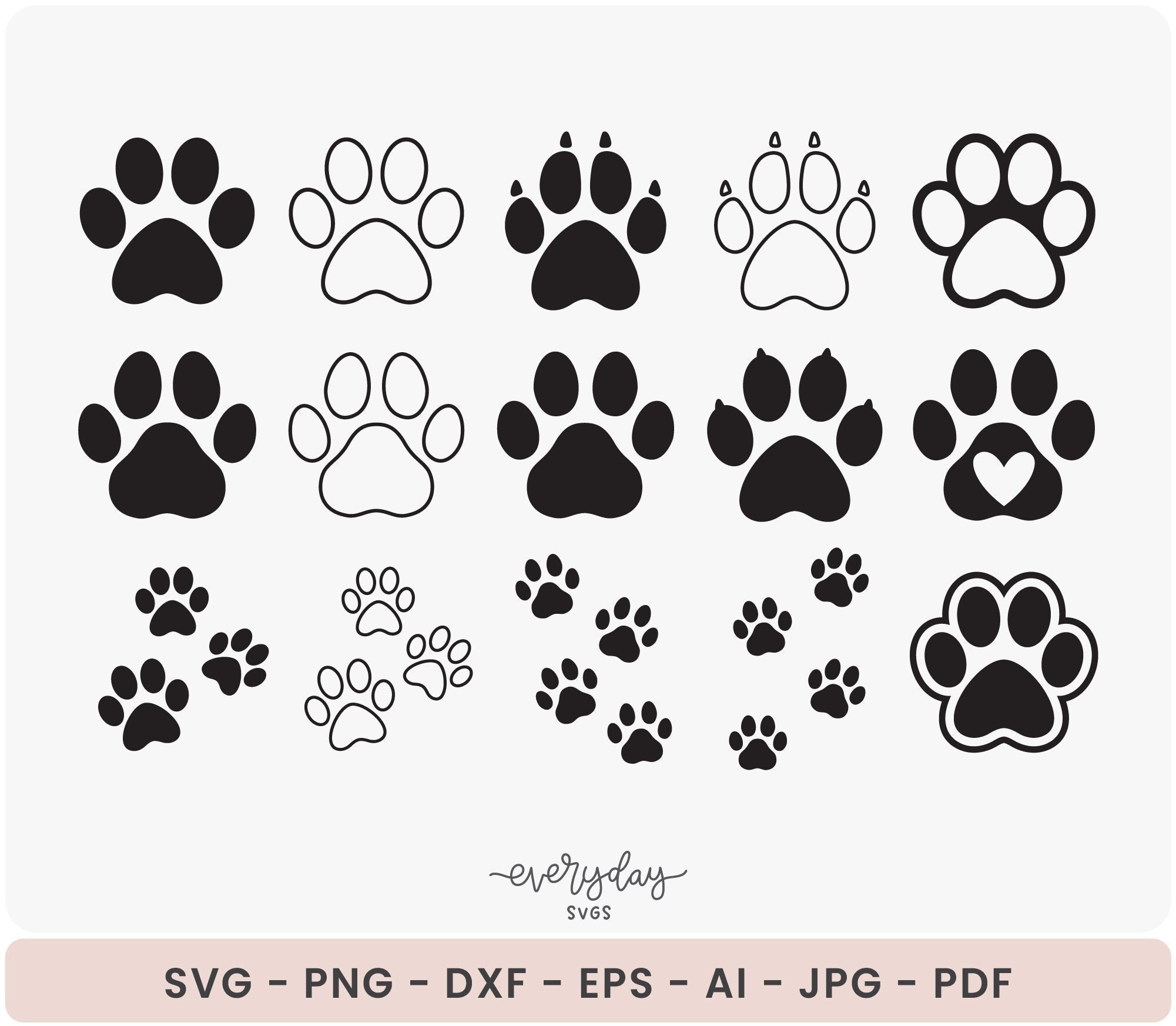 Paw Print Svg Bundle, Dog Paw Clipart, Cat Paw Svg, Animal Footprint Tracks Svg, Lion or Tiger Paw Print Svg, Bear Paw Svg, Laser Cut File