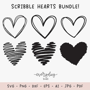 Scribble Heart Svg Bundle | Hand Drawn Heart Svg, Love Valentine&#39;s Day Svg for Shirts, Heart Clipart Vector, Doodle Heart Shape Outline Svg
