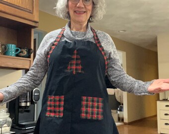 Christmas Tree Apron Upcycled Denim with plaid appliqué and pockets
