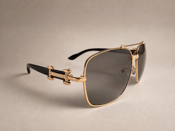 Vintage Square Aviator Sunglasses | Gold - Silver Frame | Black & Brown Amber Lens | Luxury H Detail Sunglasses | Unisex Designer Inspired