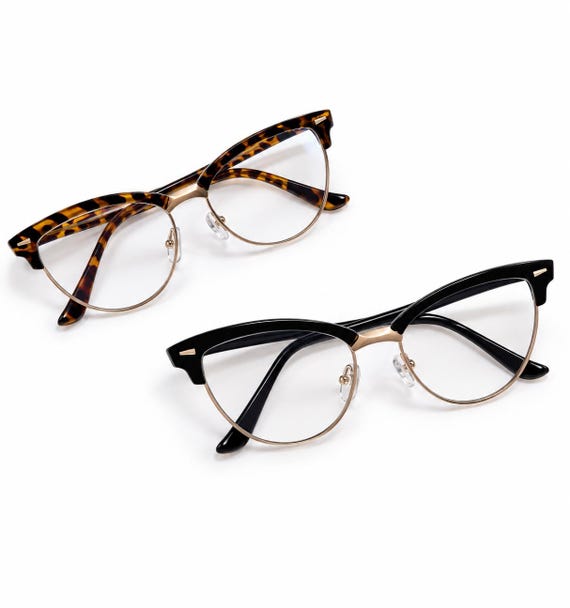 Retro Vintage 50s Cat-Eye Clear Eyeglasses with Gold Metal Bridge and Rim MFC